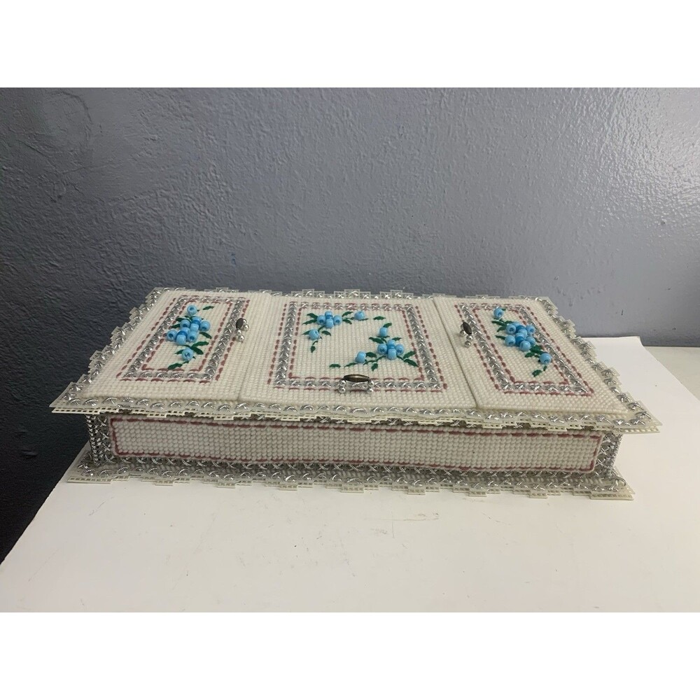 VTG Handmade Cottagecore Needlepoint Trinket Jewelry Box Yarn Beads Floral 17"L
